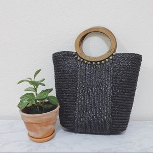 Straw Purse with Round Wood Handle